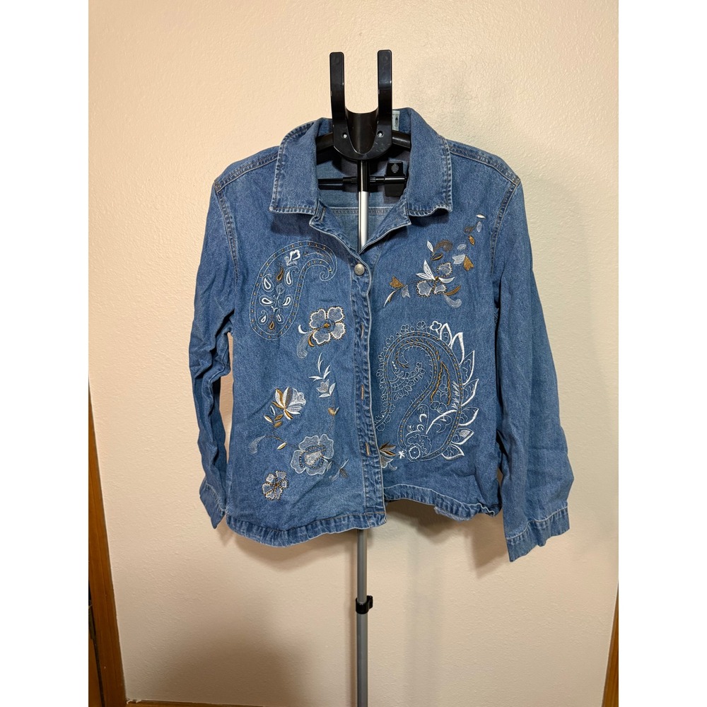 Vnitage White Stag Womens XL Embroidered‎ Denim Jacket Stone Floral Paisley Blue